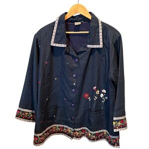 Vtg Parsley & Sage 1X cottage grandma  core art ribbon flower embroidered jacket